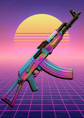 Retro AK-47 with Neon Grid Background