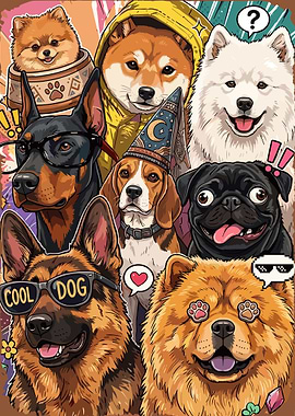 Group of Dogs with Accessories