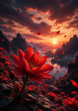 Red Lotus Flower at Sunset