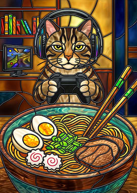 Gamer Cat Enjoying Ramen