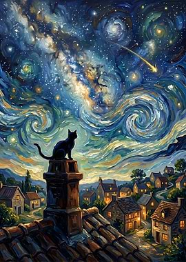 Black Cat on Chimney Under Starry Sky