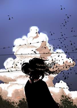Girl Watching Birds Fly