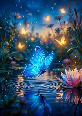 Magical Blue Butterfly Over Water
