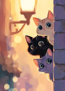 Three Curious Kittens Peeking Around a Corner