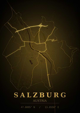 Salzburg Gold City Map — Austria Night Travel Poster