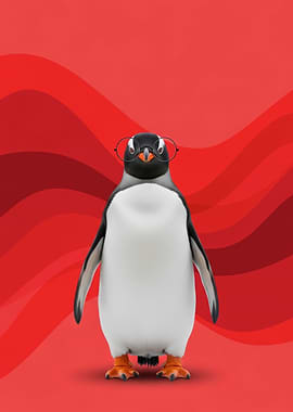 Penguin Wearing Glasses on Red Background