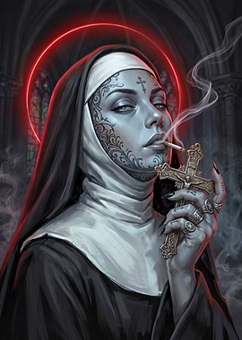 Tattooed Nun Smoking with Cross
