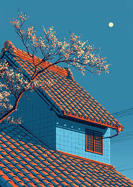 Japanese House with Cherry Blossoms