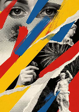 Fragmented Classical Collage with Bold Primary Stripes