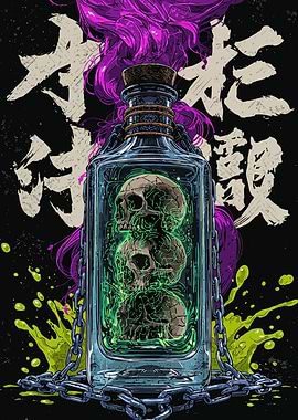 Skulls in a Bottle with Japanese Kanji