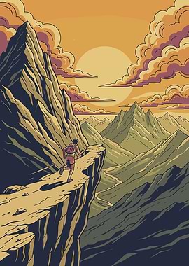 Runner on a mountain cliff at sunset