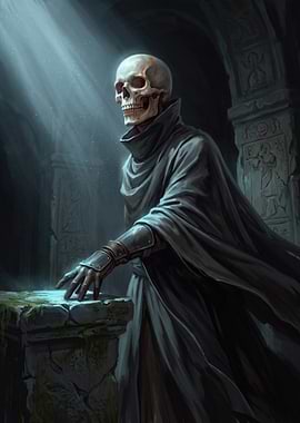Skeleton in a dark, ancient hall