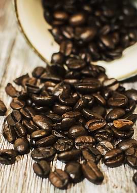 Spilled Coffee Beans on Wood