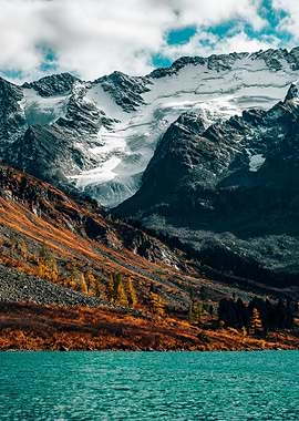 Turquoise lake and snow-capped mountains