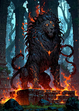 Fiery Black Lion in Ancient Ruins