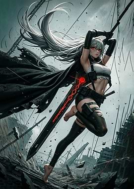 Anime Warrior in Ruined City