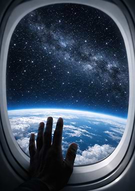 Hand reaching out from airplane window to space