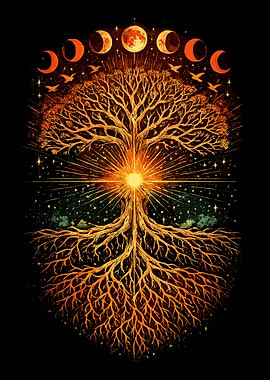 Tree of Life with Moon Phases – Spiritual Celestial Sunburst Wall Art Poster
