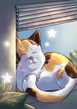 Cute Calico Cat Sleeping in Window