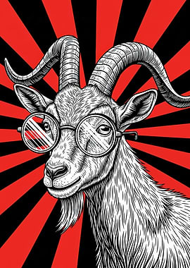Goat Wearing Glasses with Red and Black Background