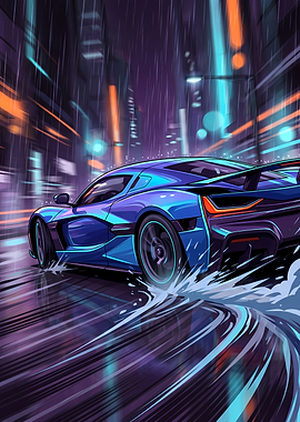 Neon Blue Supercar City Drift