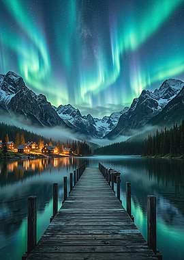 Northern Lights Aurora Borealis Over Mountain Lake