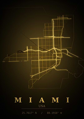 Miami Gold City Map — USA Night Travel Poster