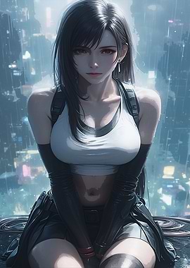Tifa Lockhart in a Rainy Cityscape