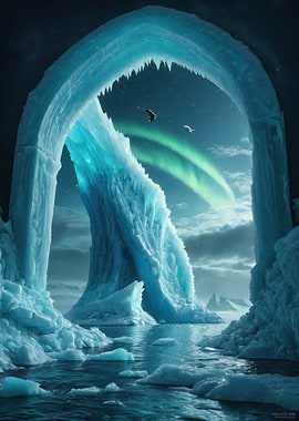 Aurora Over a Crystal Ice Arch — Ethereal Arctic Glacier Landscape