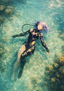 Cyberpunk Woman Floating in Water