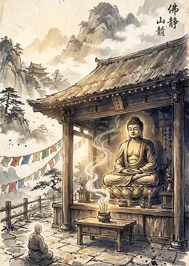 Serene Buddhist Temple in Mountains