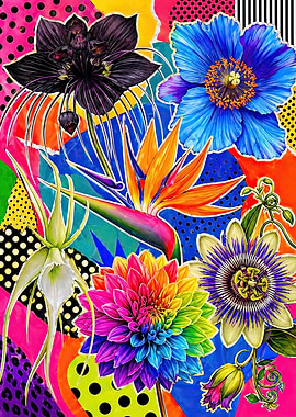 Vibrant Collage of Exotic Flowers and Patterns