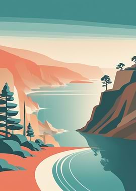 Tranquil Coastal Cliffs — Minimalist Pastel Seaside Landscape Illustration