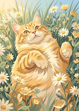 Lazy Orange Cat in Spring Daisies