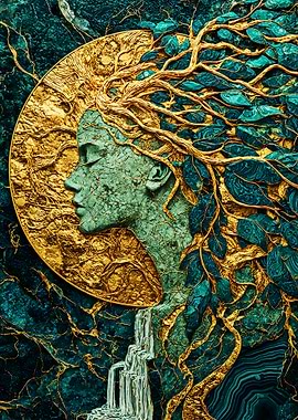Tree of Life Woman – Gold & Emerald Nature Fusion Portrait