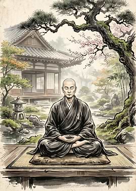Zen Monk Meditating in Japanese Garden