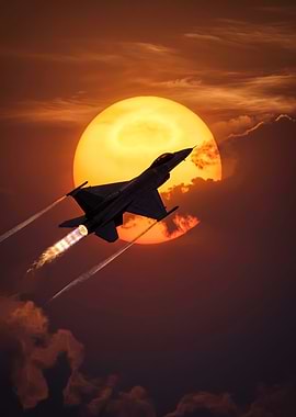 Fighter Jet Flying Towards the Sun