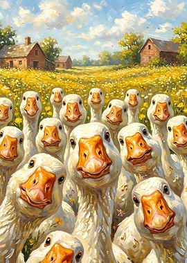 A Flock of Geese in a Field