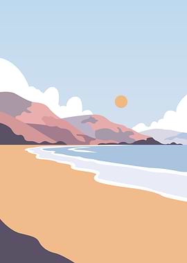 Minimalist Beach Landscape with Mountains