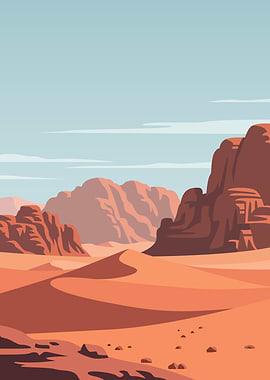 Desert Landscape with Sand Dunes and Mountains