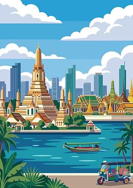Bangkok Cityscape with Temples and River