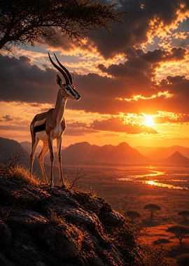 Gazelle on a cliff at sunset