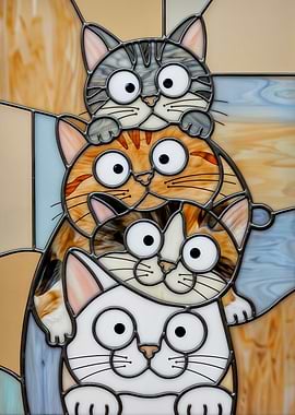 Stack of Stained Glass Cartoon Cats