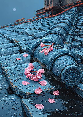 Rainy Rooftop with Cherry Blossoms