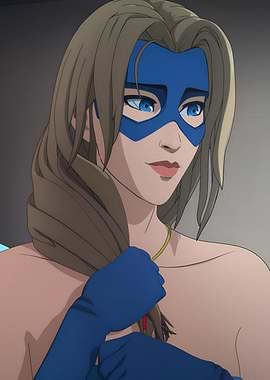 Anime Woman in Blue Mask and Gloves