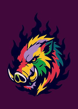 Colorful Wild Boar Head with Flames