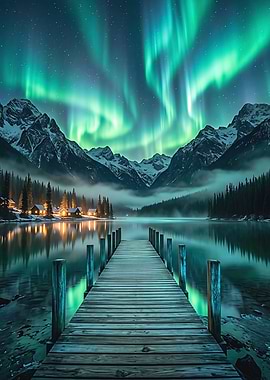 Aurora Borealis Over Lake