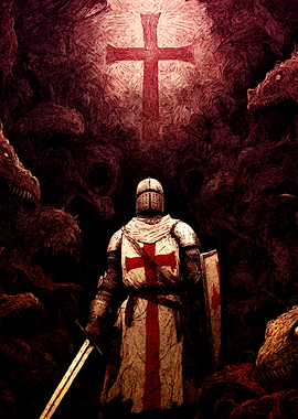 Knight Facing Dragons Under a Cross