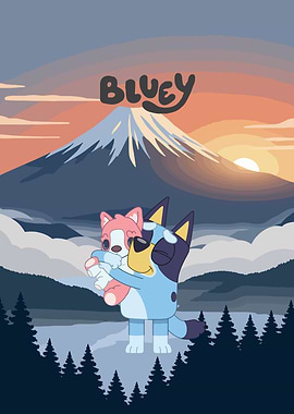 Bluey and Bingo Hugging with Mountain Sunset