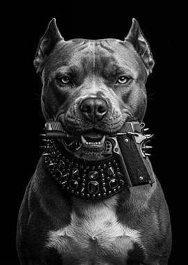 Pitbull with Gun and Spiked Collar